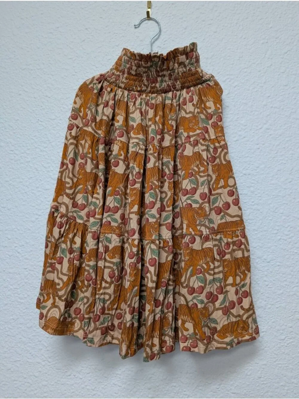 Kate Quinn Bamboo Tigers & Cherries Maxi Skirt Smocked Waist 4T